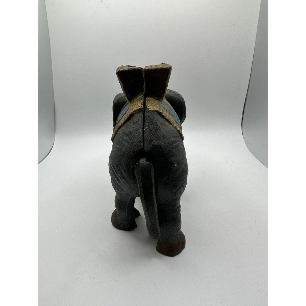 Vintage Cast Iron Hand Painted Gray Elephant Mechanical Coin Bank - Picture 4 of 12